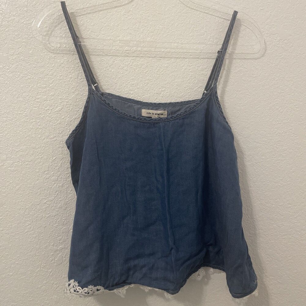 Y2K Forever21 Blue Lace Trim Camisole Small V-Neck Spaghetti Strap Crop Top Lg